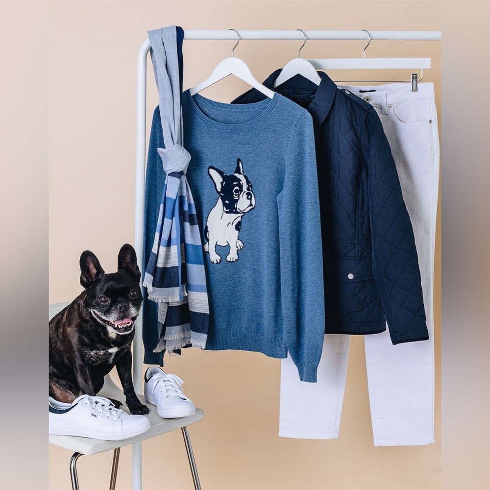 TALBOTS L French Bulldog Crewneck Pullover Sweater Frenchie Parisian French Blue - Picture 10 of 11